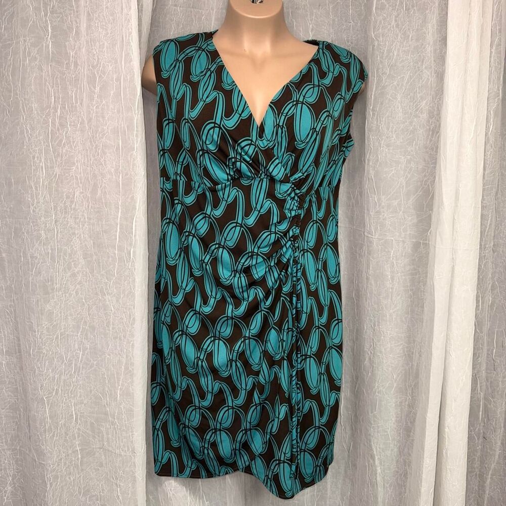 London Times Women’s 18W Teal Brown Faux Wrap Sheath Work Office Dress